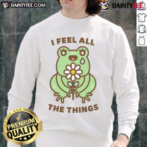 Alt Text: Cute neurodivergent emotional frog sweatshirt featuring vibrant colors and a whimsical design expressing feelings.