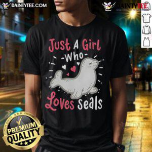 Alt Text: Cute Just A Girl Who Loves Seals T-shirt design featuring a playful seal graphic and vibrant colors.