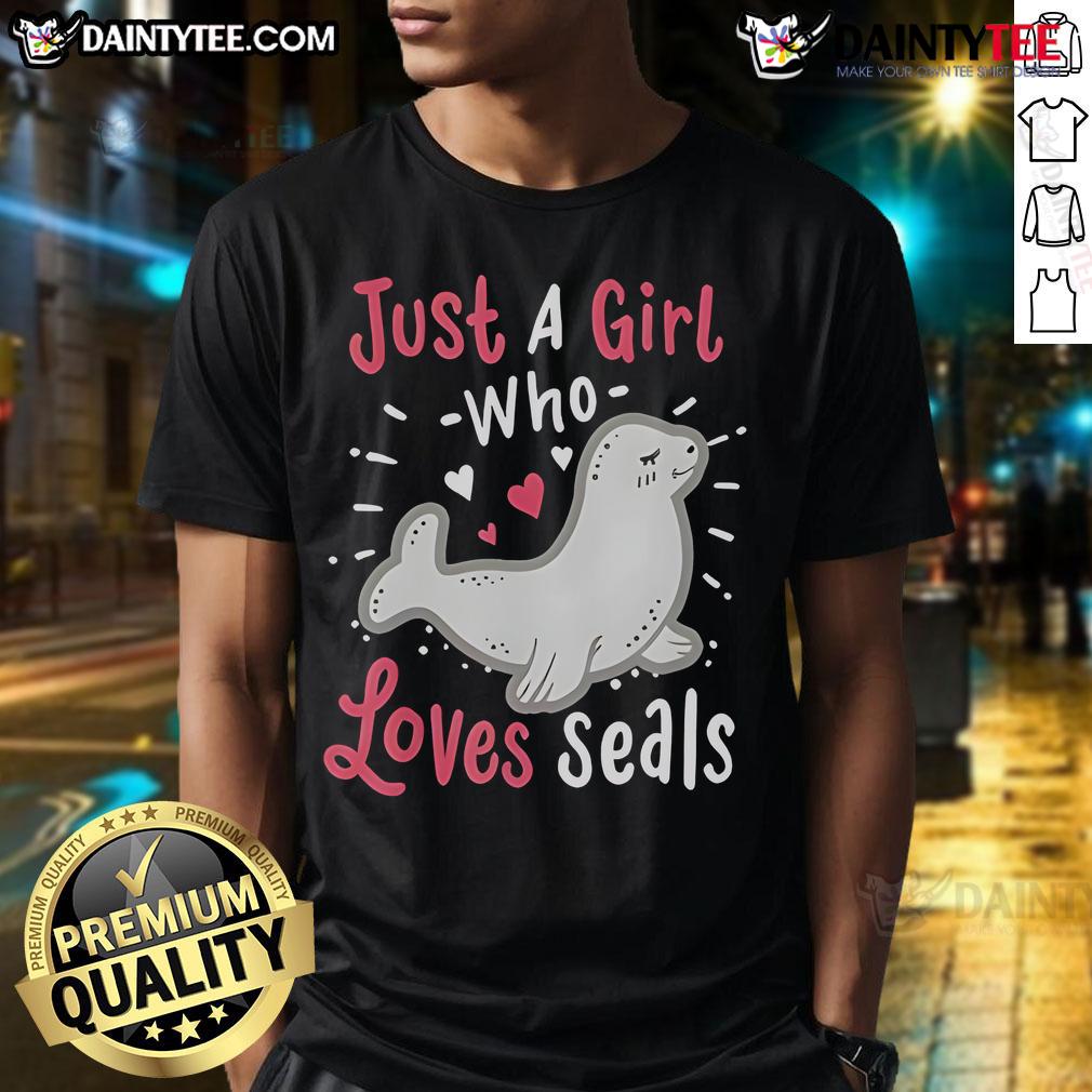 Alt Text: Cute Just A Girl Who Loves Seals T-shirt design featuring a playful seal graphic and vibrant colors.