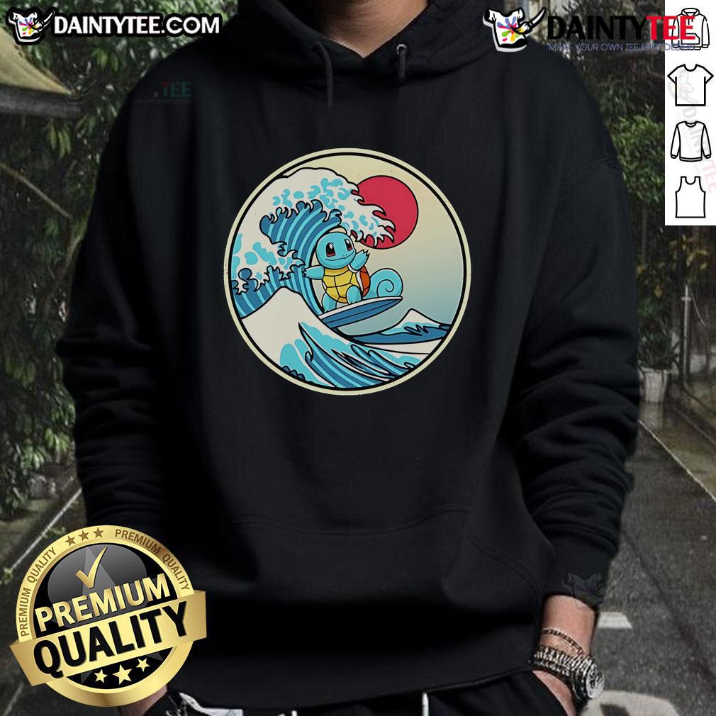 Alt Text: Cute Pokemon Squirtle surfing a wave on a hoodie, perfect for fans of Pokemon and beach vibes.
