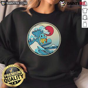 Cute Pokmon Squirtle surfing a water wave on a cozy sweatshirt, perfect for fans and casual wear.