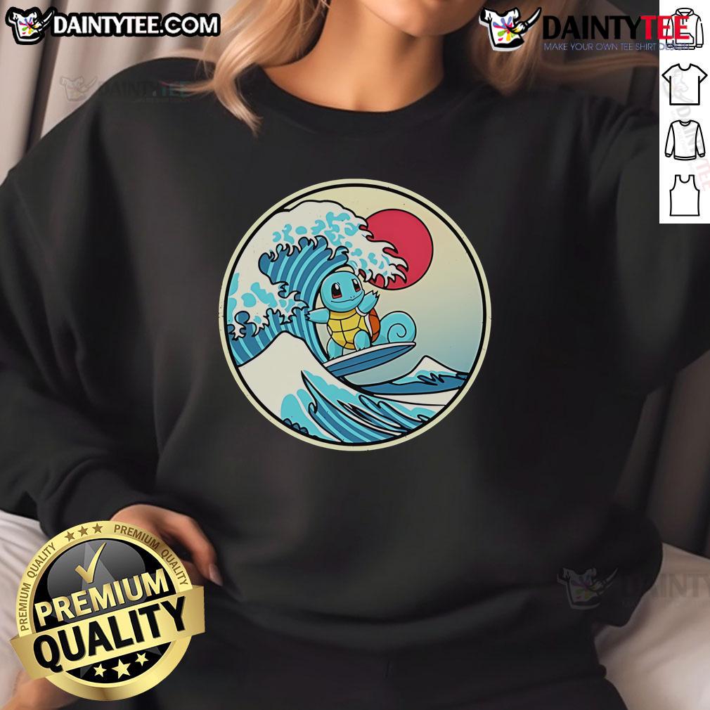 Cute Pokmon Squirtle surfing a water wave on a cozy sweatshirt, perfect for fans and casual wear.