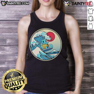 Alt Text: Cute Squirtle surfing a water wave on a stylish tank top, perfect for Pokemon fans and summer adventures.