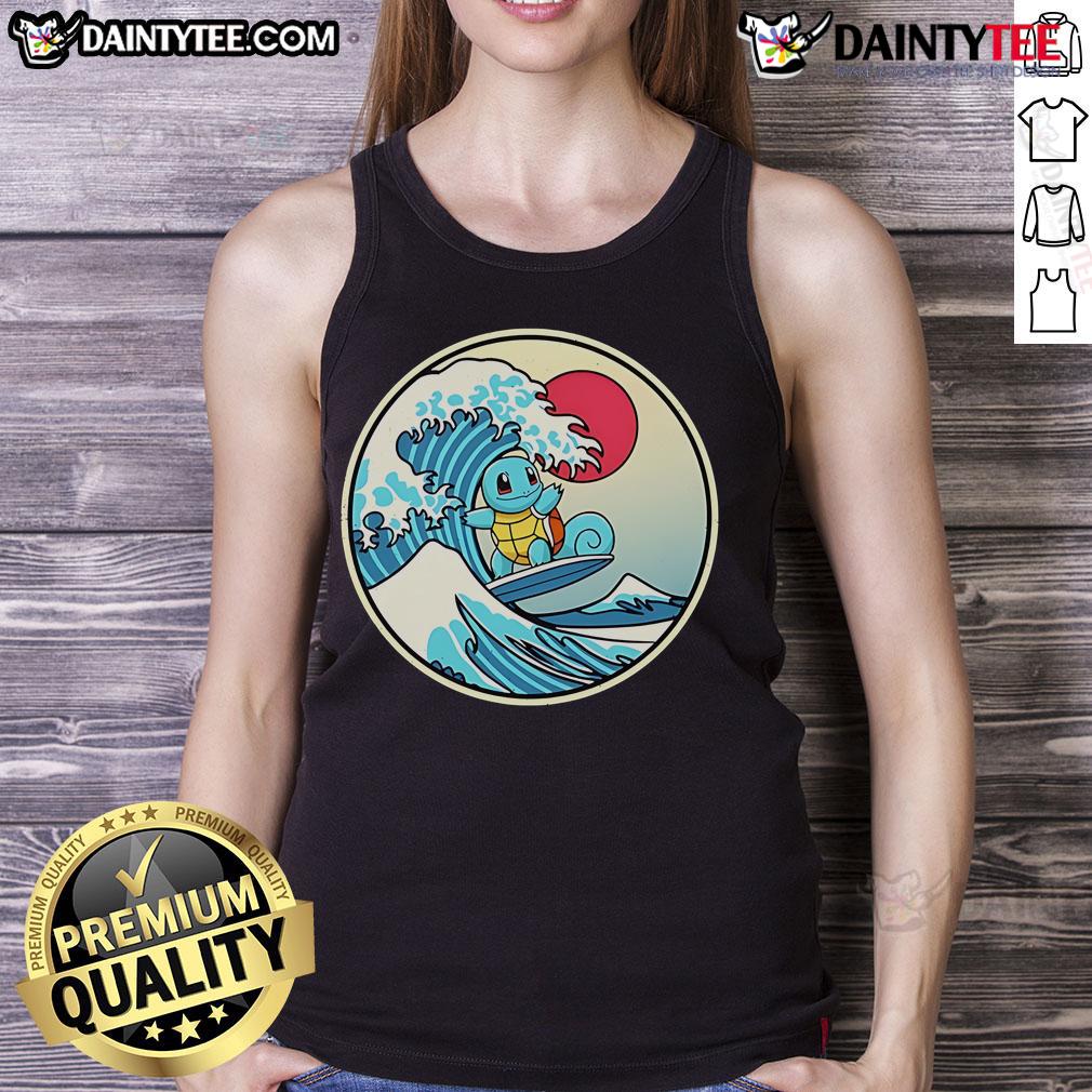 Alt Text: Cute Squirtle surfing a water wave on a stylish tank top, perfect for Pokemon fans and summer adventures.