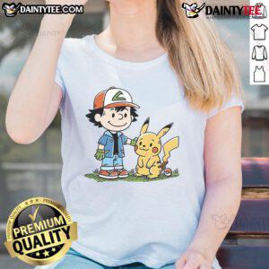 Alt Text: Cute Pokmon Strong Friendship Peanuts Ladies Tee featuring vibrant graphics and playful design for Pokmon fans.
