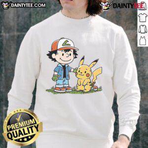 Alt Text: Cute Pokmon sweatshirt featuring strong friendship theme with adorable Peanuts characters, perfect for fans.