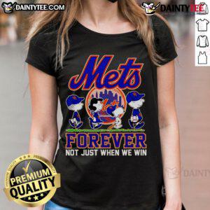 Alt Text: Cute Snoopy and Peanuts New York Mets Forever Tee for women, celebrating team spirit and fun cartoon design.