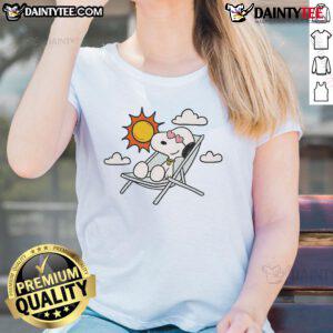Alt Text: Cute summer Snoopy ladies tee featuring vibrant graphics of Snoopy enjoying the sunny season, perfect for casual wear.