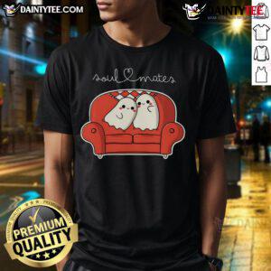 Alt Text: Cute Soulmates Ghost T-Shirt featuring adorable ghost graphics, perfect for Halloween or couples' matching outfits.