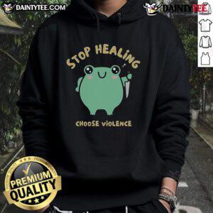 Adorable frog hoodie featuring 'Cute Stop Healing Choose Violence' design, perfect for quirky fashion lovers.