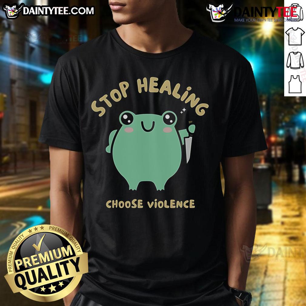 Alt Text: Cute Stop Healing Choose Violence Frog T-Shirt featuring a playful frog graphic with vibrant colors and a fun slogan.