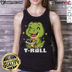 Cute T-Roll dinosaur sushi tank top featuring a playful design, perfect for casual summer wear and dinosaur lovers.