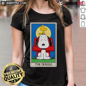 Alt Text: Cute The Beagle Tarot Snoopy Ladies Tee featuring a whimsical beagle design and vibrant colors for dog lovers.