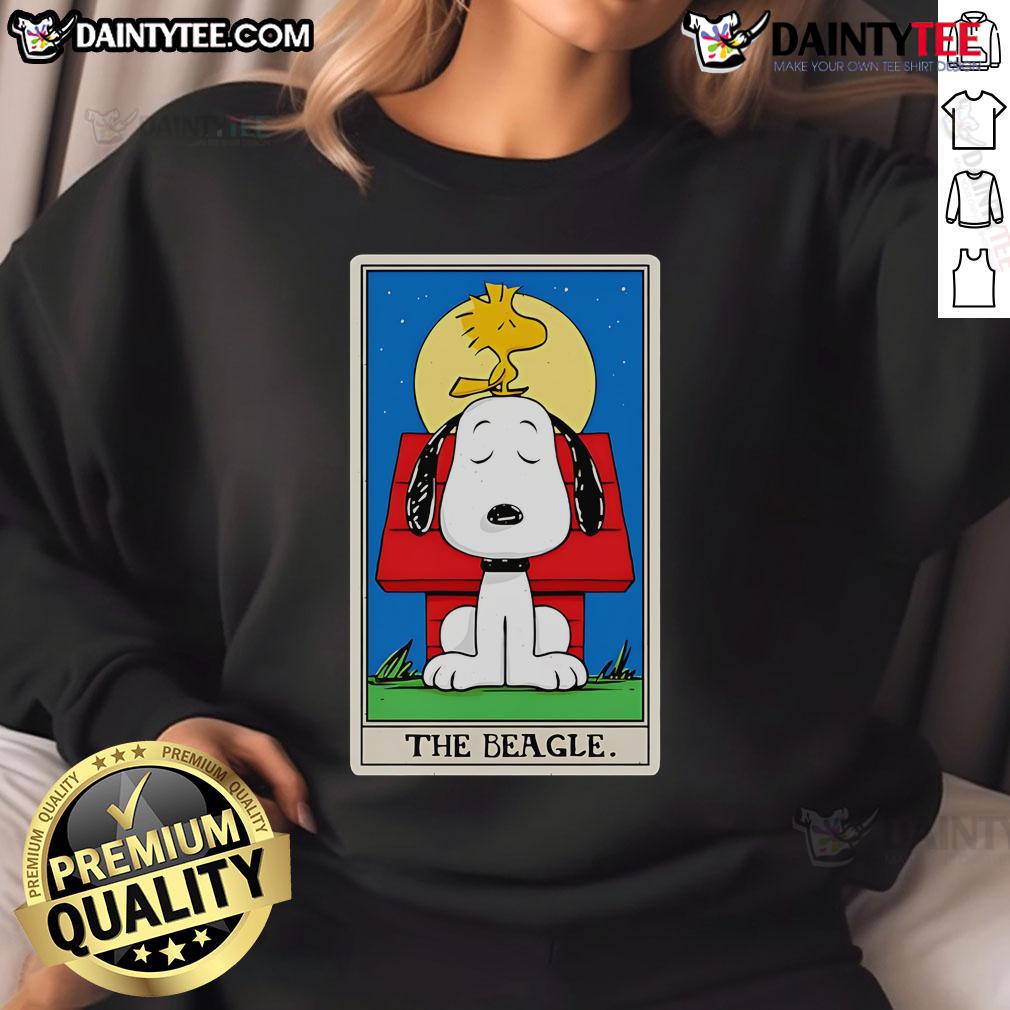 Alt Text: Cute Beagle Tarot Snoopy Sweatshirt featuring a vibrant design of Snoopy with tarot cards and stars.