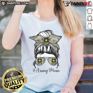 Funny Army Mom with messy bun and glasses wearing a stylish tee, perfect for proud moms in the military.
