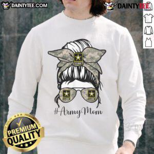 Funny Army Mom in messy bun, glasses, and cozy sweatshirt, showcasing playful military mom style and humor.