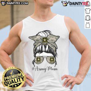 Funny Army Mom with messy bun, glasses, and tank top, showcasing a playful and casual military-inspired style.