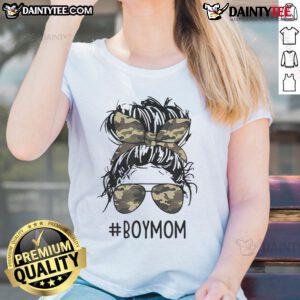 Funny boy mom wearing a messy bun, showcasing motherhood with a stylish tee for moms of boys.