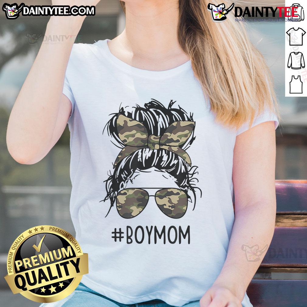 Funny boy mom wearing a messy bun, showcasing motherhood with a stylish tee for moms of boys.