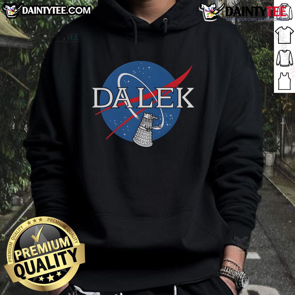 Alt Text: Funny Dalek NASA Logo Hoodie featuring a playful design of a Dalek with NASA branding, perfect for sci-fi fans.