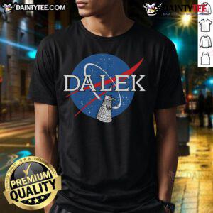 Funny Dalek NASA logo T-shirt featuring a playful Dalek graphic, perfect for sci-fi fans and space enthusiasts.