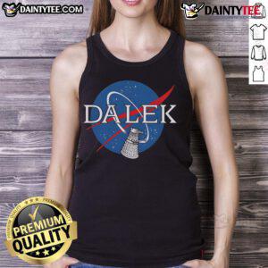 Funny Dalek NASA logo tank top featuring a playful design perfect for sci-fi fans and summer wear.