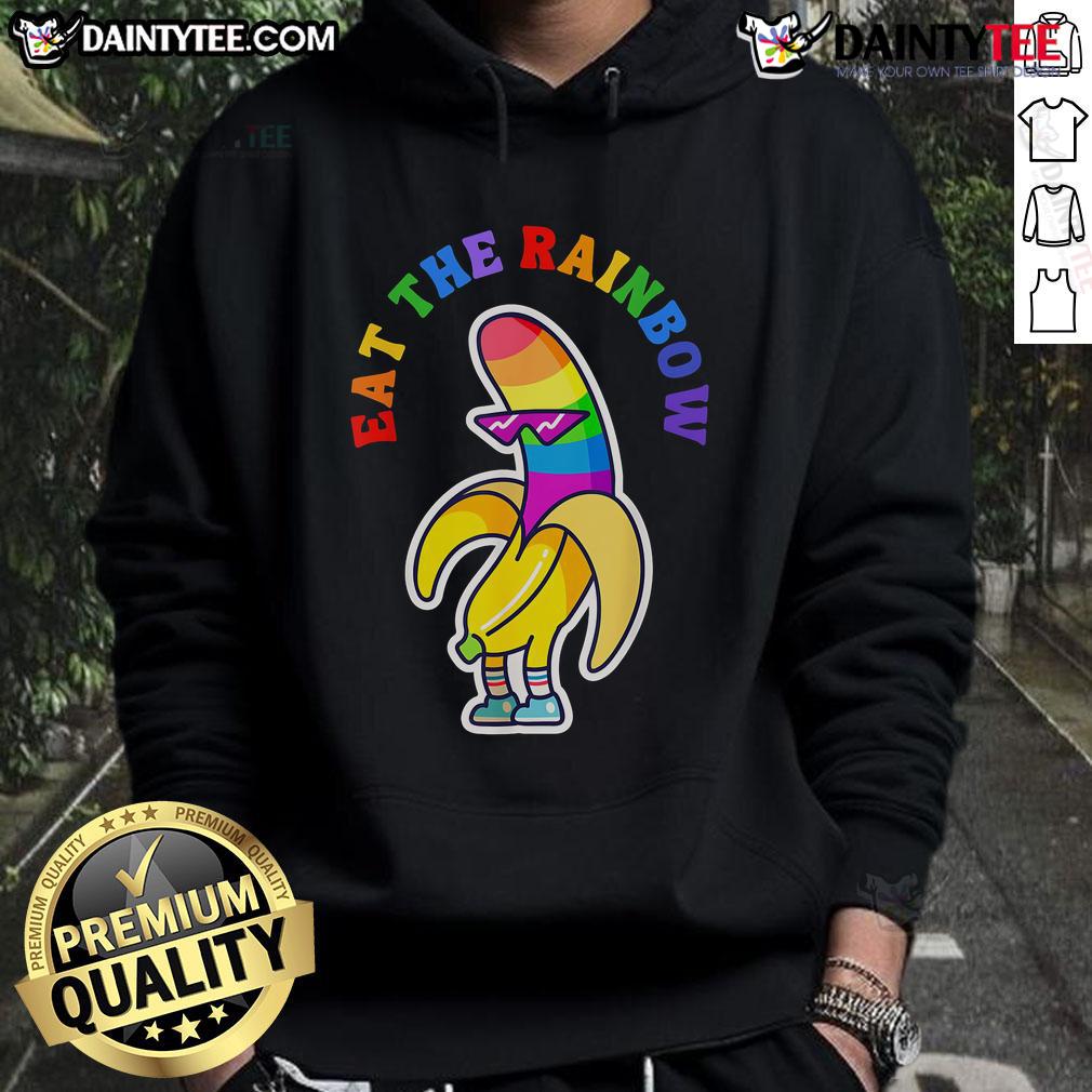 Colorful 'Eat The Rainbow' hoodie featuring a funny gay banana design for Pride celebrations and LGBTQ+ fashion.