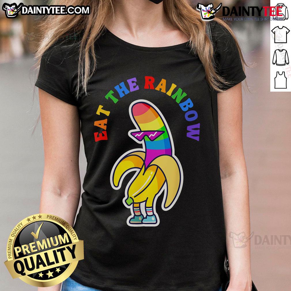 Alt Text: Funny Gay Pride Eat The Rainbow tee featuring colorful banana ladies celebrating LGBTQ+ pride and diversity.