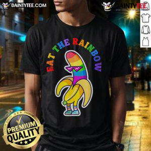Funny Gay Pride Eat The Rainbow T-Shirt featuring a vibrant gay rainbow banana design, perfect for LGBTQ+ celebrations.