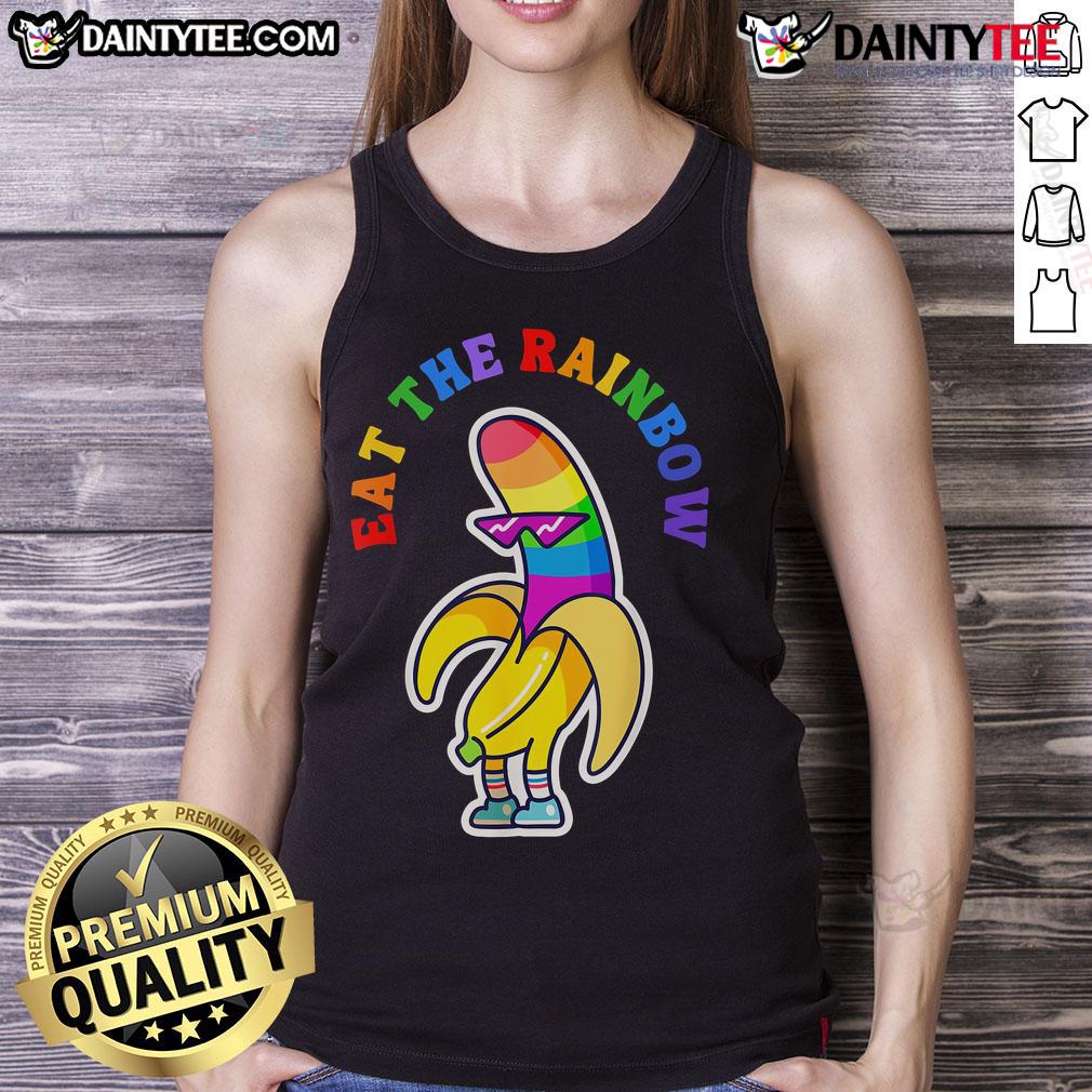 Funny gay pride tank top featuring 'Eat the Rainbow' design with colorful rainbow bananas, perfect for LGBTQ+ celebrations.