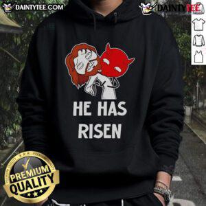 Funny Jesus He Has Risen meme hoodie featuring a playful design celebrating Easter humor and faith.