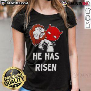 Funny Jesus He Has Risen meme on a ladies tee, perfect for Easter celebrations and humorous Christian apparel.