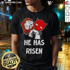 Funny Jesus He Has Risen meme T-Shirt featuring a humorous graphic celebrating Easter and faith.