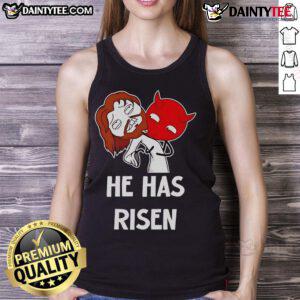 Funny Jesus He Has Risen meme tank top featuring a humorous graphic design celebrating Easter joy.