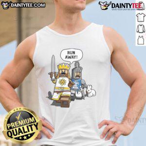Funny Lego Cowardly King Killer Rabbit tank top featuring a whimsical design of iconic characters in vibrant colors.