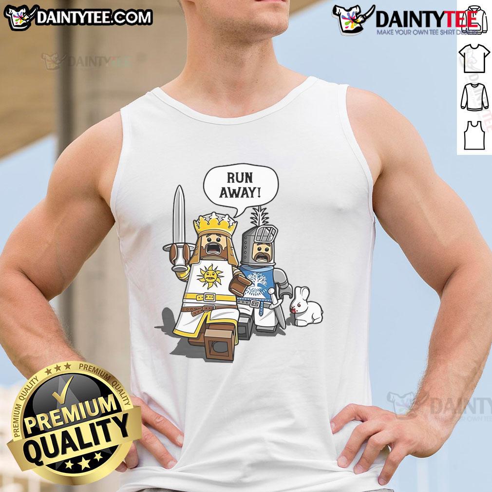 Funny Lego Cowardly King Killer Rabbit tank top featuring a whimsical design of iconic characters in vibrant colors.