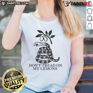 Good Leisha Don't Tread On My Lemons Ladies Tee featuring a vibrant lemon graphic and playful text design.