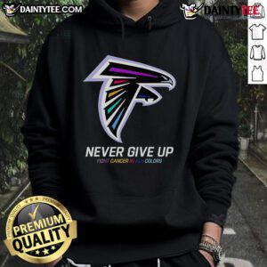 Atlanta Falcons hoodie featuring 'Good Never Give Up Fight Cancer' design in vibrant colors, perfect for sports and awareness.