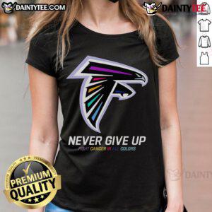 Atlanta Falcons ladies tee featuring 'Good Never Give Up' design in vibrant colors, supporting cancer awareness.