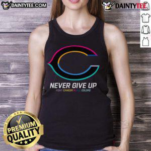 Colorful 'Never Give Up' cancer awareness tank top featuring Chicago Bears logo, promoting strength and resilience.