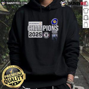 Alt Text: Chelsea Club World Cup Champions 2025 hoodie worn by a proud fan celebrating their team's victory.