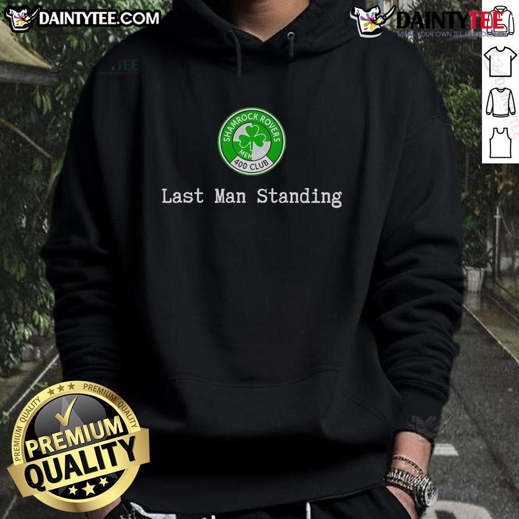 Alt Text: Nice Shamrock Rovers Member 400 Club Last Man Standing Hoodie in green, perfect for fans of the team.