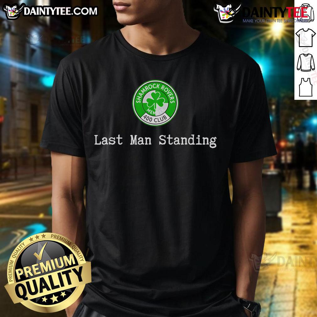 Alt Text: Nice Shamrock Rovers Member 400 Club Last Man Standing T-Shirt featuring club logo and vibrant green design.