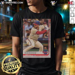 Official 2019 Topps Baseball Bryce Harper Phillies T-Shirt featuring vibrant team graphics and player name on a stylish design.