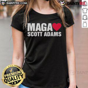 Stylish Official Maga Love Scott Adams Ladies Tee in vibrant colors, perfect for fans of Scott Adams and political apparel.