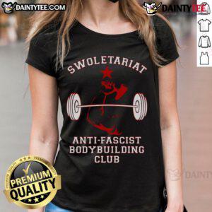 Top Swoletariat Anti-Fascist Bodybuilding Club Ladies Tee featuring bold graphic design and empowering message for fitness fans.