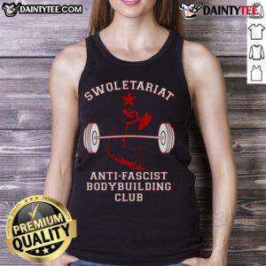 Top Swoletariat Anti-Fascist Bodybuilding Club tank top featuring bold graphics and a muscular fit for fitness enthusiasts.