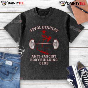 Alt Text: Top Swoletariat Anti-Fascist Bodybuilding Club washed t-shirt in black, promoting strength and resistance.