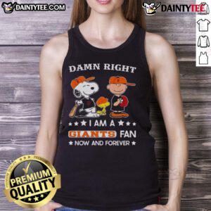 Giants fan tank top featuring Snoopy and Charlie Brown, showcasing pride with 'Awesome Damn Right I Am' slogan.
