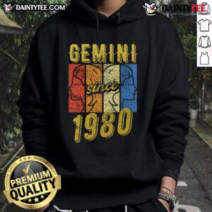 Awesome Gemini Since 1980 retro hoodie featuring vibrant colors and zodiac design, perfect for astrology fans.
